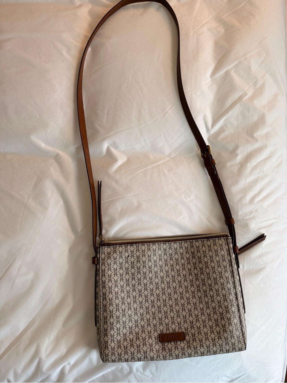 Fossil SHB2313 Monogram Zip Top Tote Brown Leather Trim Shoulder Bag